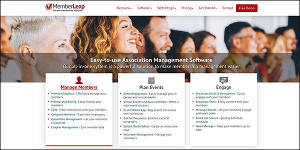 This is a screenshot of MemberLeap's association management system website.