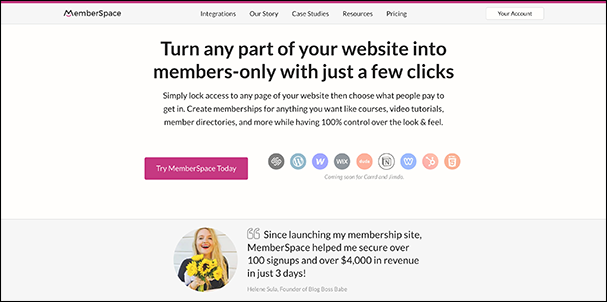 This is a screenshot of MemberSpace's membership platform homepage.