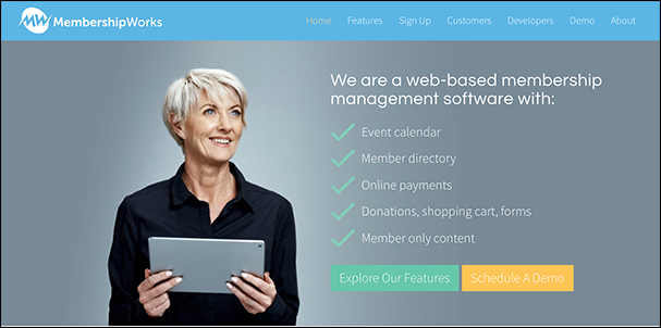 This is a screenshot of MembershipWorks's membership platform homepage.
