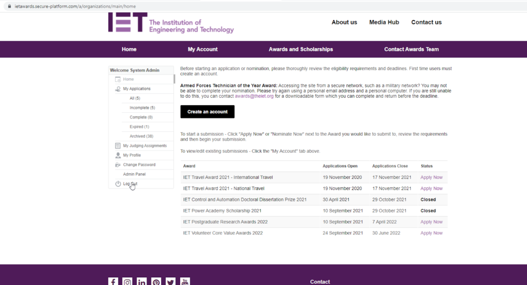 The Institute of Engineering and Technology takes a clean, consistent branding approach to their awards program website.
