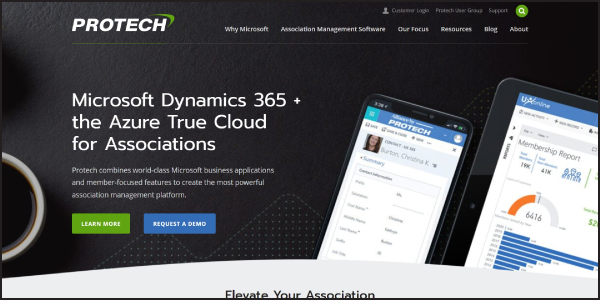 This is a screenshot of the Protech association management platform website.